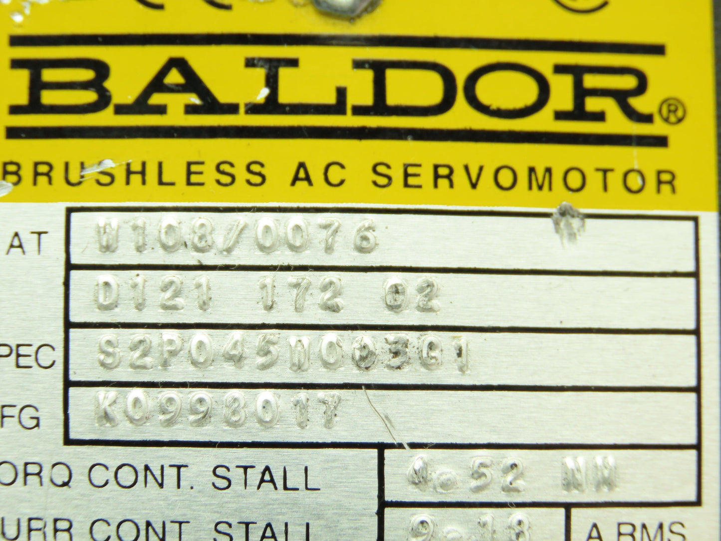 Baldor K0998003 D121 172 02 Brushless AC Servo Motor 200V 4000RPM
