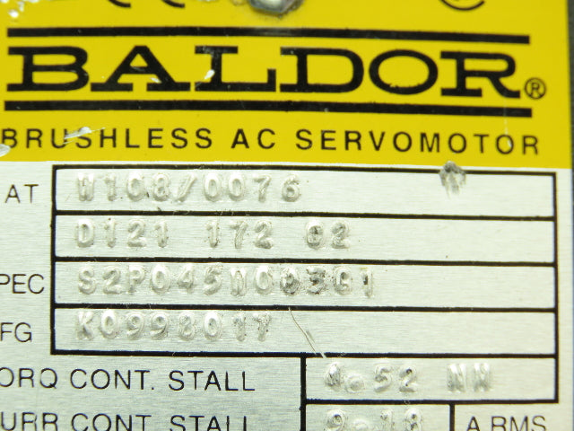 Baldor K0998003 D121 172 02 Brushless AC Servo Motor 200V 4000RPM