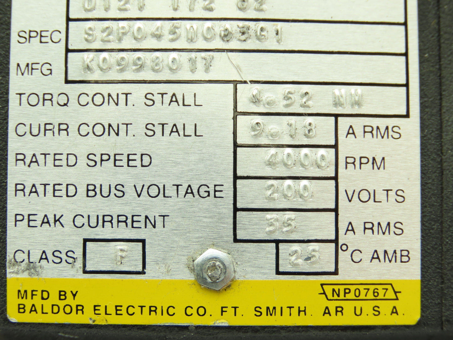 Baldor K0998003 D121 172 02 Brushless AC Servo Motor 200V 4000RPM