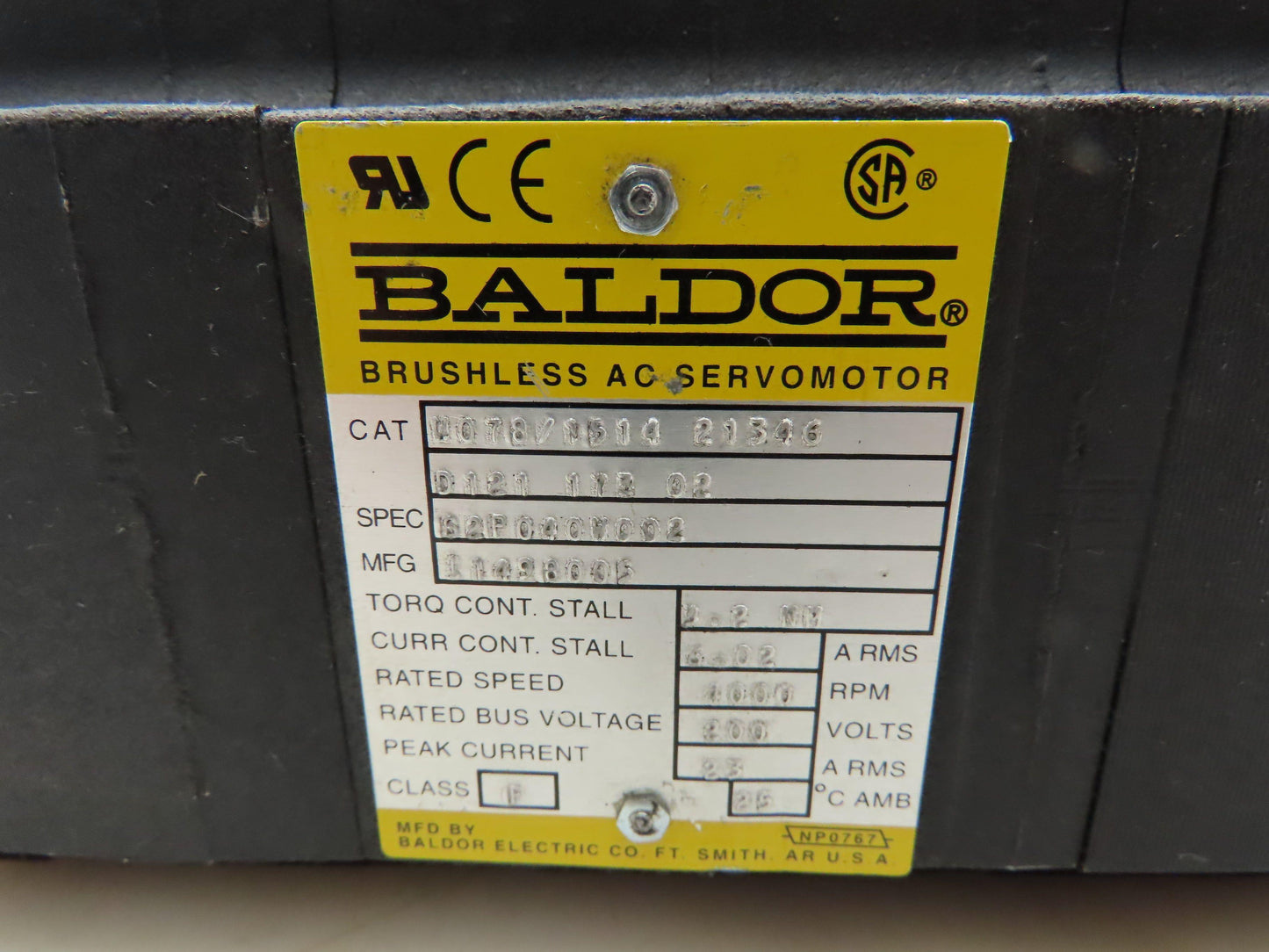 Baldor W078/1514 21346 Brushless AC Servo Motor 200V 4000RPM