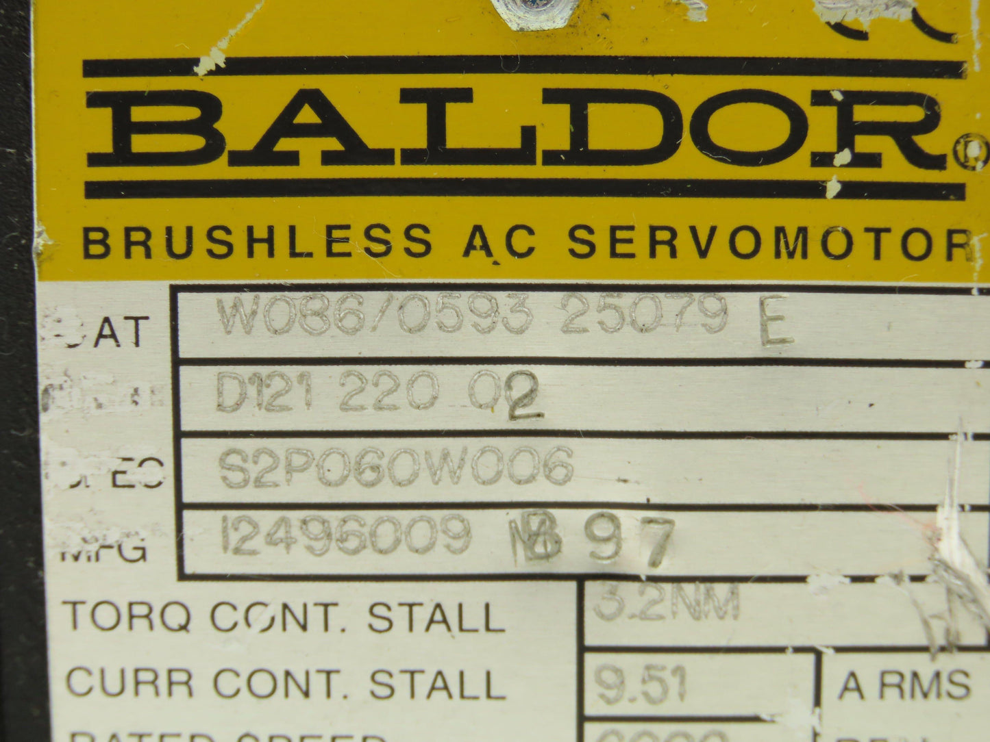 Baldor W086/0593 25079E Brushless AC Servo Motor 200V 6000RPM