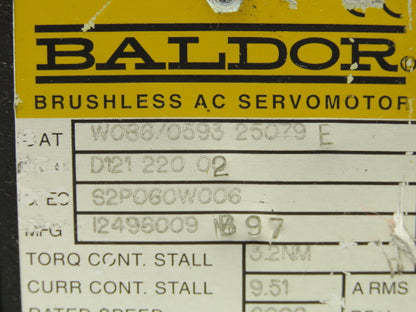 Baldor W086/0593 25079E Brushless AC Servo Motor 200V 6000RPM