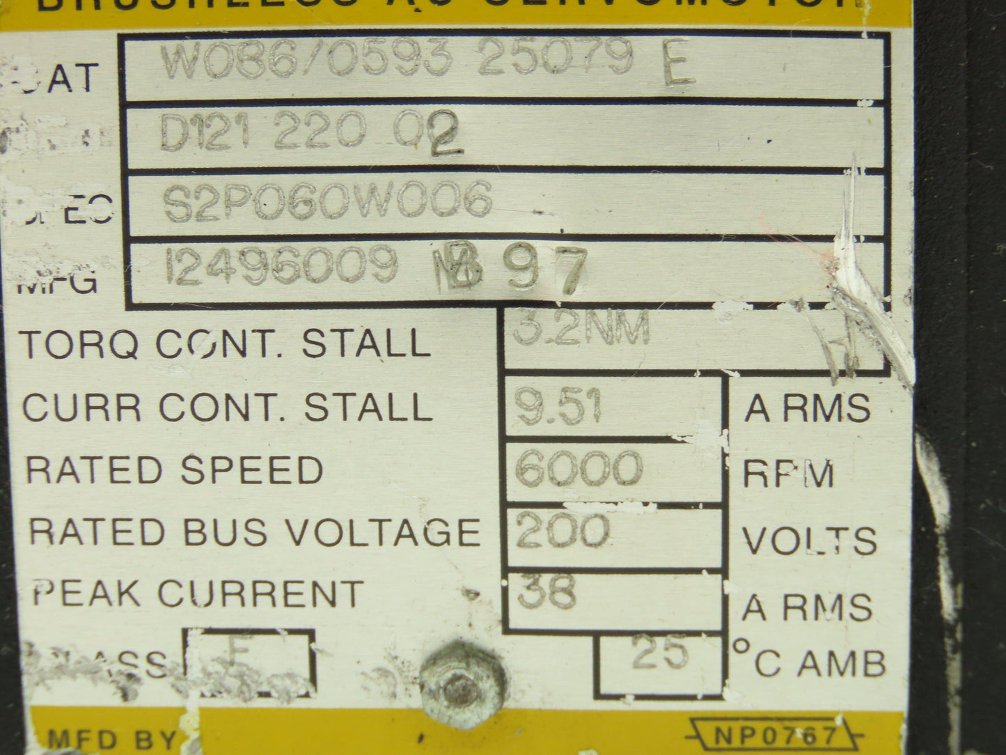 Baldor W086/0593 25079E Brushless AC Servo Motor 200V 6000RPM