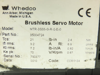 Whedco MTR-3S33-G-R-0-E-0 Brushless Servo Motor Harowe Resolver Encoder
