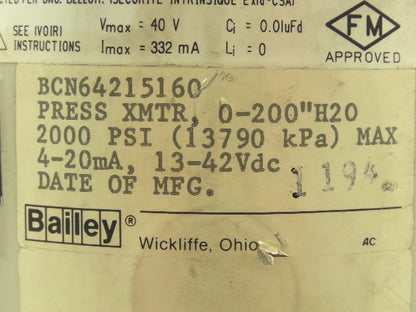 Bailey BCN64215160 Pressure Transmitter BC Xducer Transducer 2000PSI