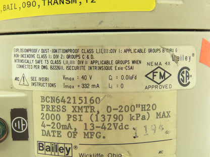 Bailey BCN64215160 Pressure Transmitter BC Xducer Transducer 2000PSI