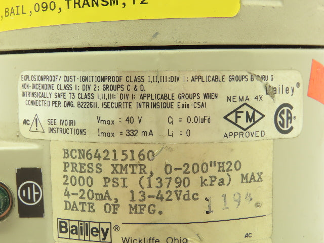 Bailey BCN64215160 Pressure Transmitter BC Xducer Transducer 2000PSI