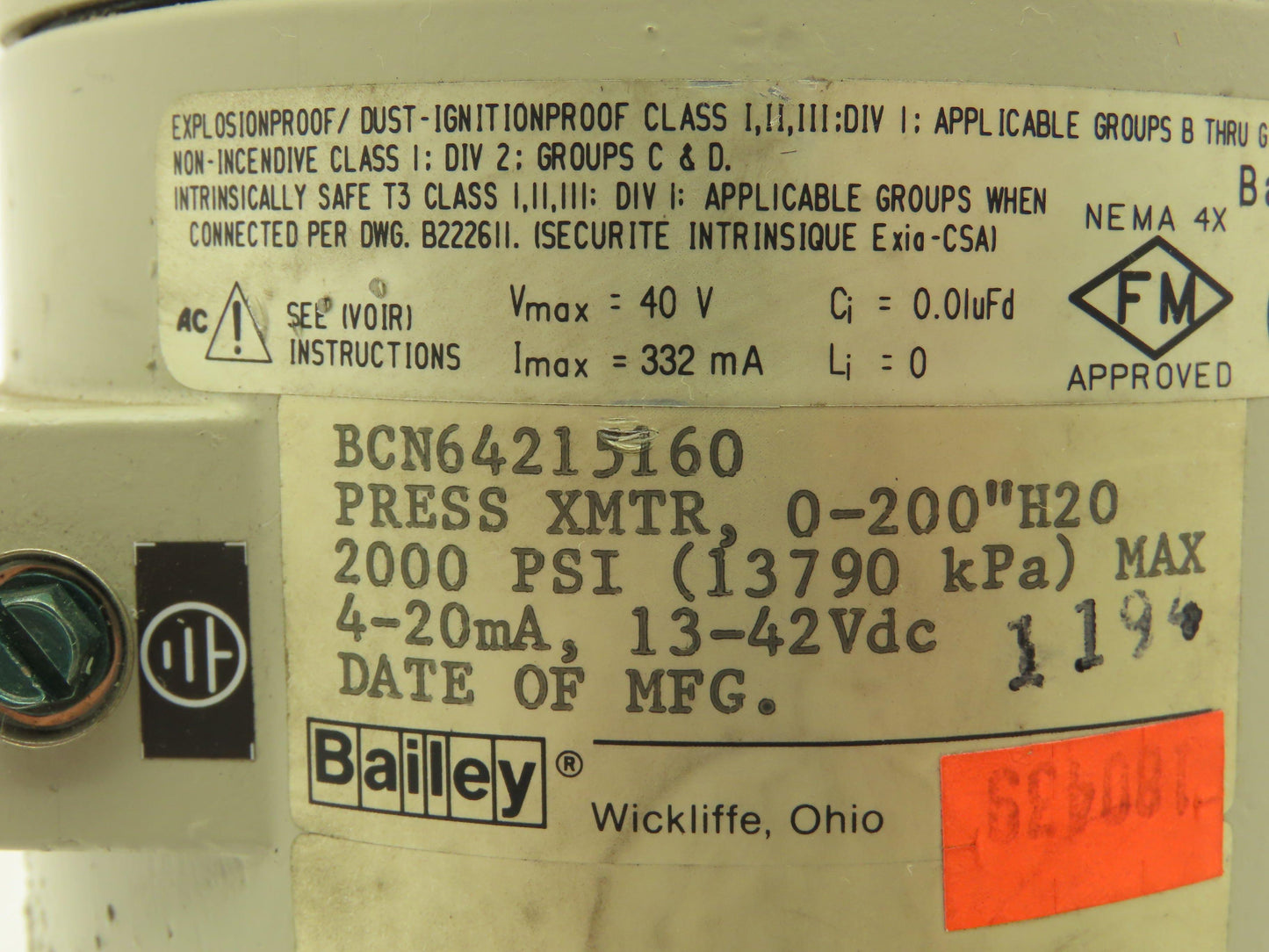Bailey BCN64215160 Pressure Transmitter BC Xducer Transducer 2000PSI