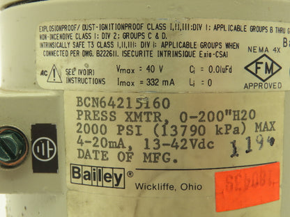 Bailey BCN64215160 Pressure Transmitter BC Xducer Transducer 2000PSI