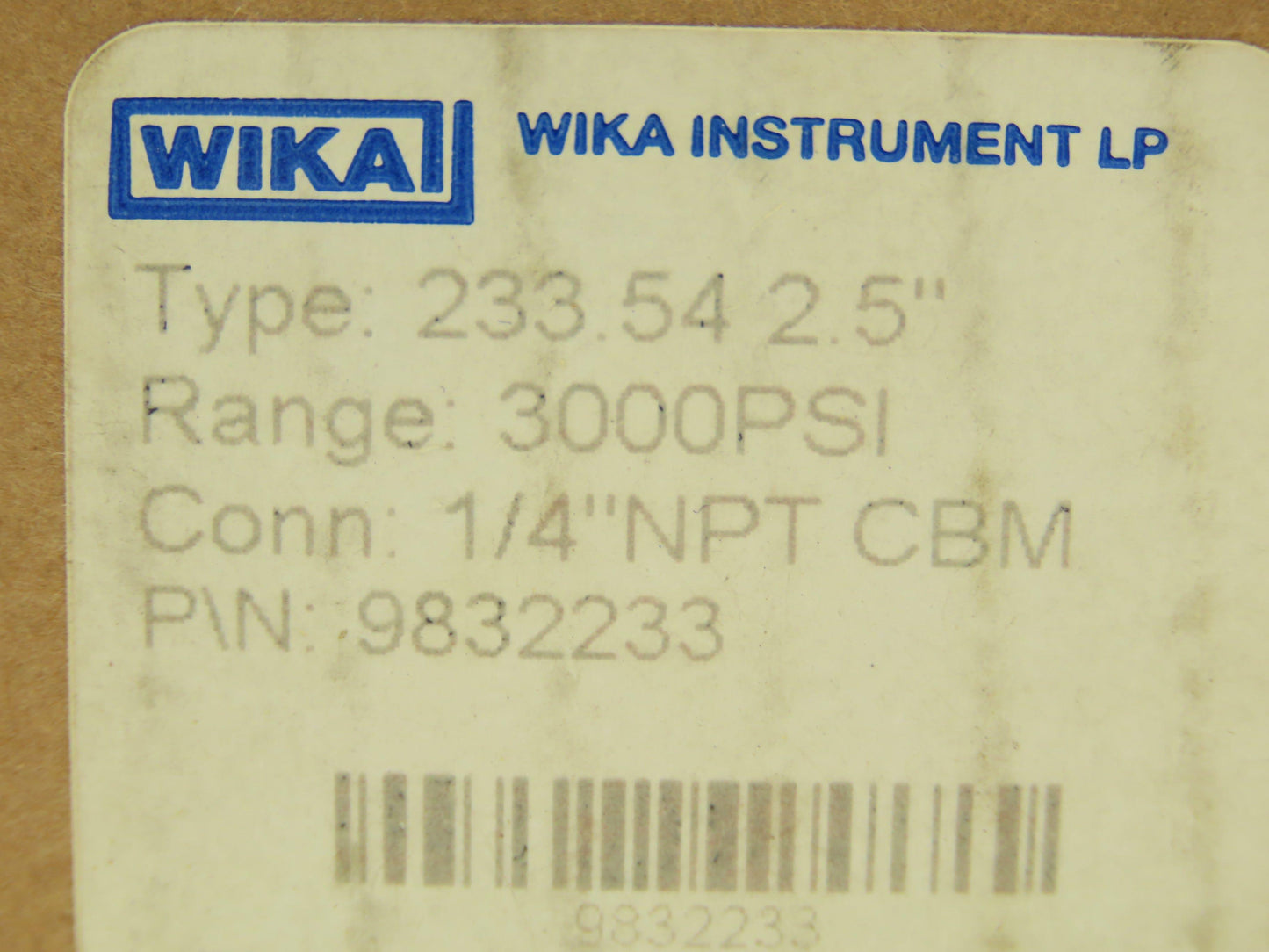 Wika 9832233 Industrial Pressure Gauge 1/4" NPT 3000 PSI 2.5" 233.54 Stainless