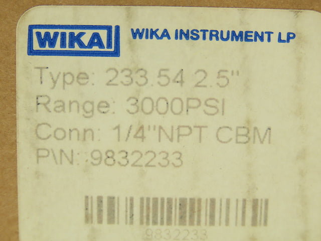 Wika 9832233 Industrial Pressure Gauge 1/4" NPT 3000 PSI 2.5" 233.54 Stainless