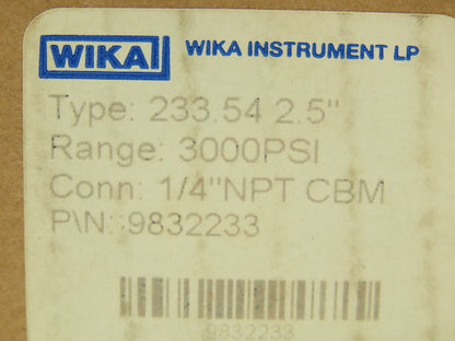 Wika 9832233 Industrial Pressure Gauge 1/4" NPT 3000 PSI 2.5" 233.54 Stainless