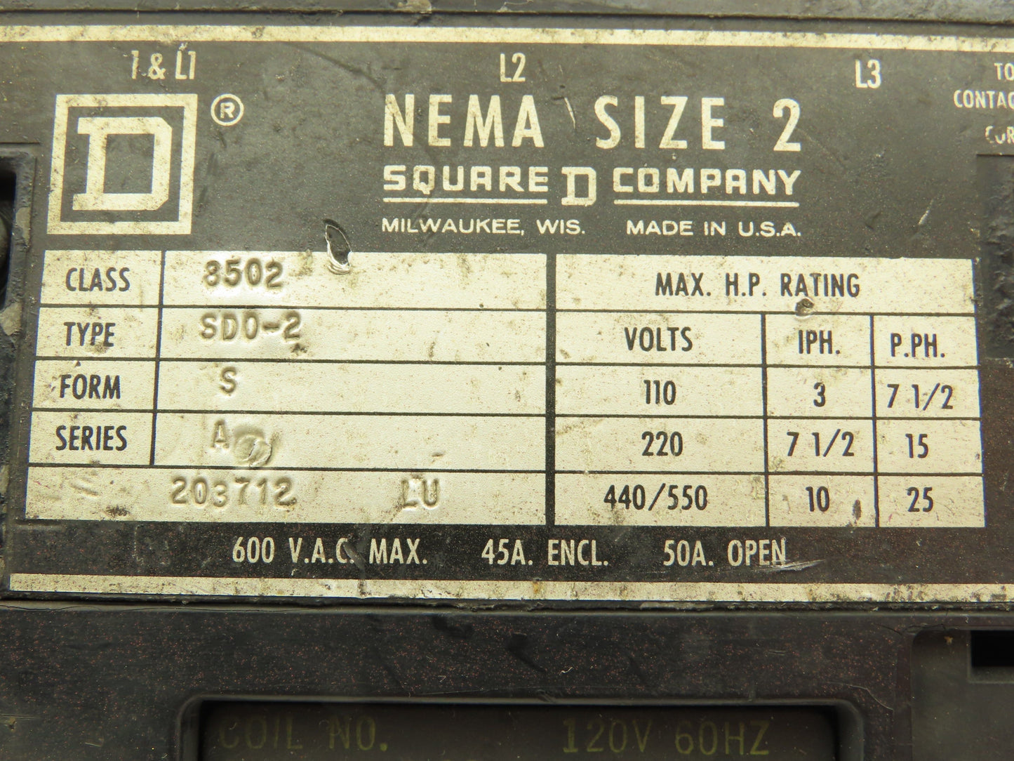 Square D 8502 SD02 NEMA Sz 2 Contactor Starter 3P 25HP 50A 600VAC 120V Coil