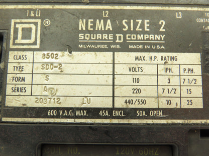 Square D 8502 SD02 NEMA Sz 2 Contactor Starter 3P 25HP 50A 600VAC 120V Coil