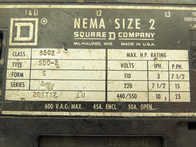 Square D 8502 SD02 NEMA Sz 2 Contactor Starter 3P 25HP 50A 600VAC 120V Coil