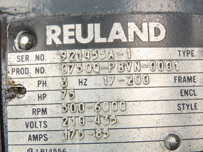 Reuland 0750Q-PBVN-0001 75 Hp Motor 500-6000 Rpm 210-435v 3ph 17-200 Hz 449DZ Fr