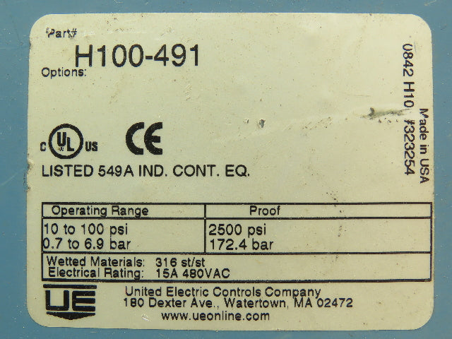 United Electric H100-491  Pressure Switch 10-100 PSI 15A 480V