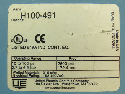 United Electric H100-491  Pressure Switch 10-100 PSI 15A 480V