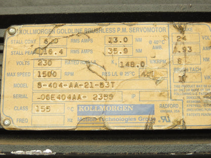 Kollmorgen Goldline B-404-AA-21-B3T Brushless PM Servo Motor 1500RPM 24V Brake