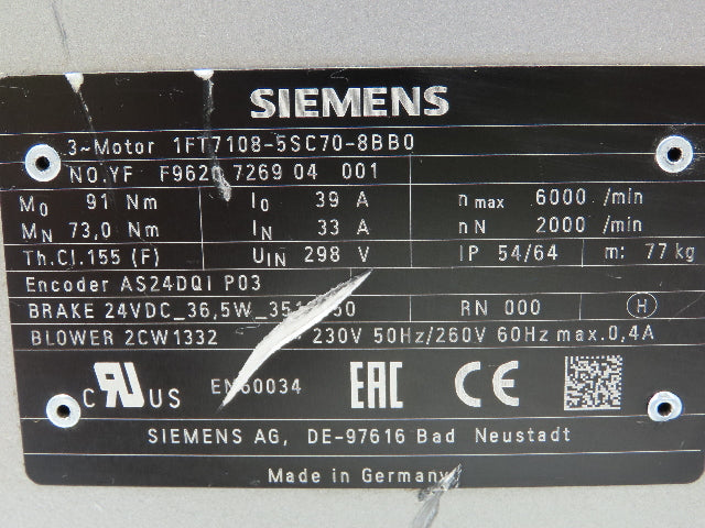 Siemens 1FT7108-5SC70-8BB0 Servo Motor Simotics Synchronous 33A 298VDC 2000 RPM