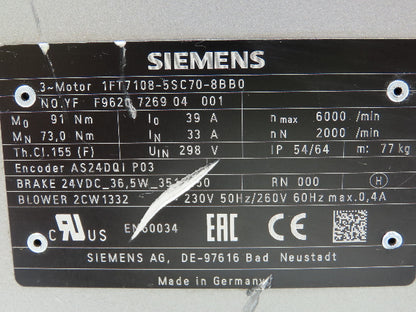 Siemens 1FT7108-5SC70-8BB0 Servo Motor Simotics Synchronous 33A 298VDC 2000 RPM