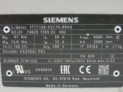 Siemens 1FT7108-5SC70-8BA0 Servo Motor Simotics Synchronous 33A 298VDC 2000 RPM