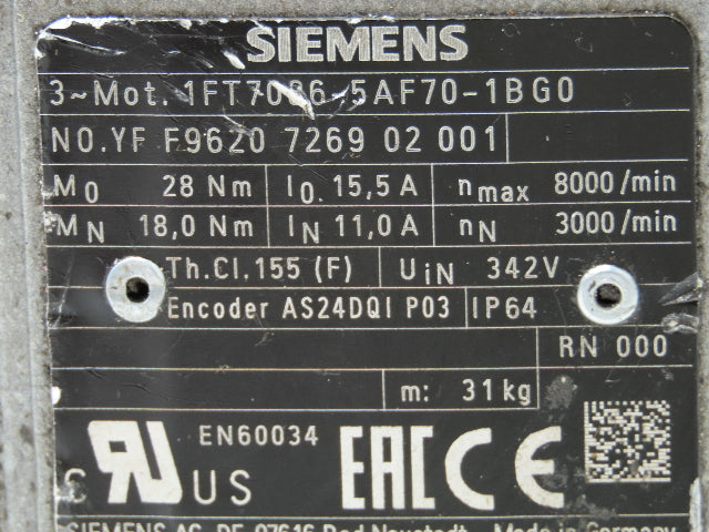 Siemens 1FT7086-5AF70-1BG0 Servo Synchronous Motor Planetary Gear Reducer 10:1