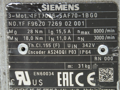 Siemens 1FT7086-5AF70-1BG0 Servo Synchronous Motor Planetary Gear Reducer 10:1