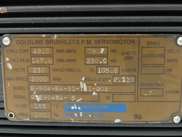 Kollmorgen Goldline B-804-BA-91-TE1-008 PM Servo Motor 2000 RPM 230V No Encoder