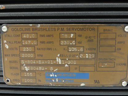 Kollmorgen Goldline B-804-BA-91-TE1-008 PM Servo Motor 2000 RPM 230V No Encoder