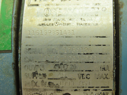 Rosemount 1151 GP8S1AB1 Smart Pressure Transmitter 1000 PSI