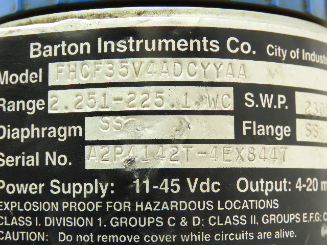 Barton Instruments FHCF35V4ADCYYAA Pressure Transmitter 2.2-225 WC Type DP