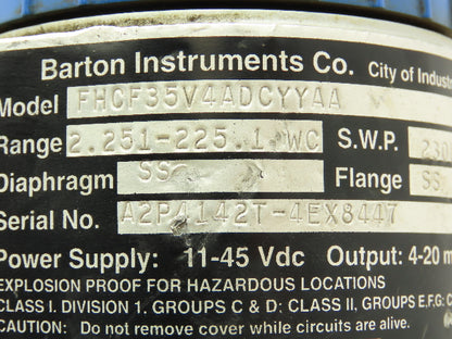 Barton Instruments FHCF35V4ADCYYAA Pressure Transmitter 2.2-225 WC Type DP