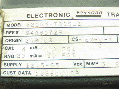 Foxboro 821GM-IS1SL2 Pressure Transmitter w/ Base D0135NA