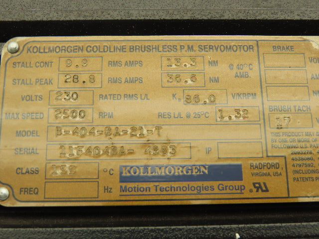 Kollmorgen B-404-BA-21-T Goldline Brushless PM Servo Motor 230V 2500 RPM