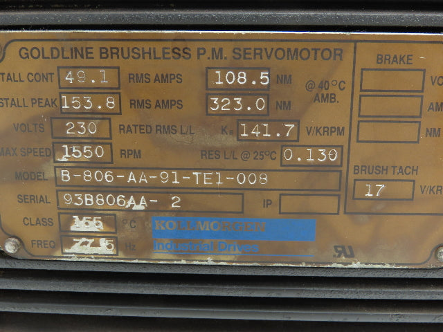 Kollmorgen B-806-AA-91-TE1-008 Goldline B Brushless Servo Motor 230V 1550 RPM