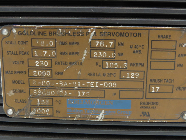 Kollmorgen B-804-BA-91-TE1-008 Goldline B Brushless Servo Motor 230V 2000 RPM