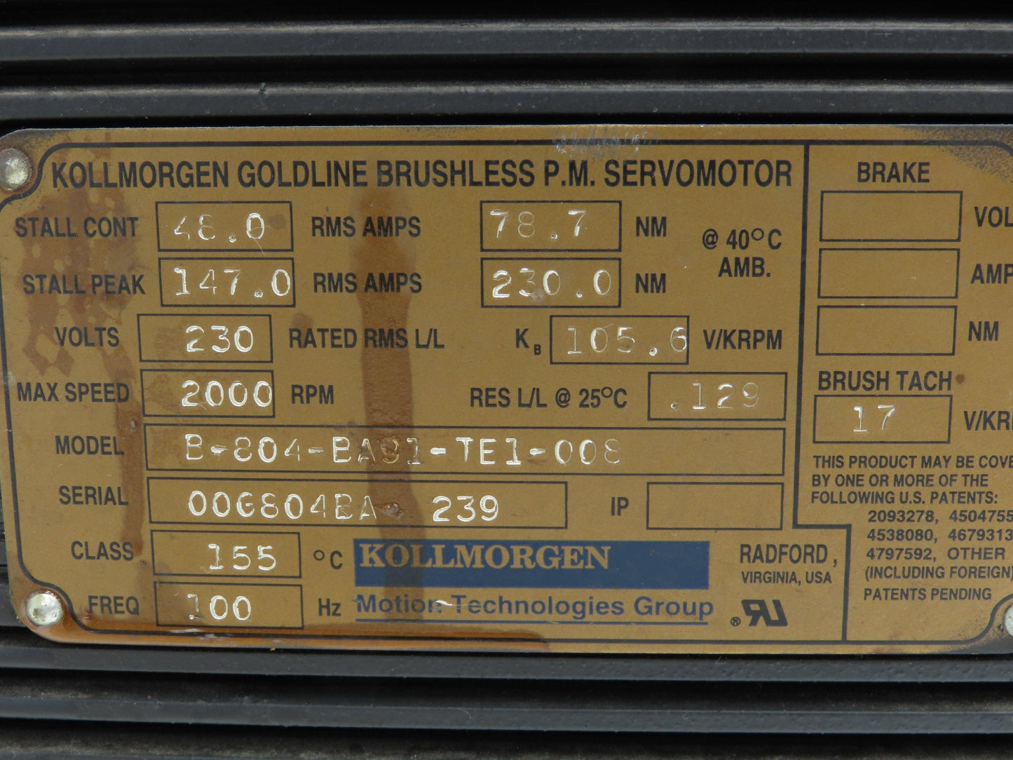 Kollmorgen B-804-BA91-TE1-008 Goldline B Brushless Servo Motor 230V 2000 RPM