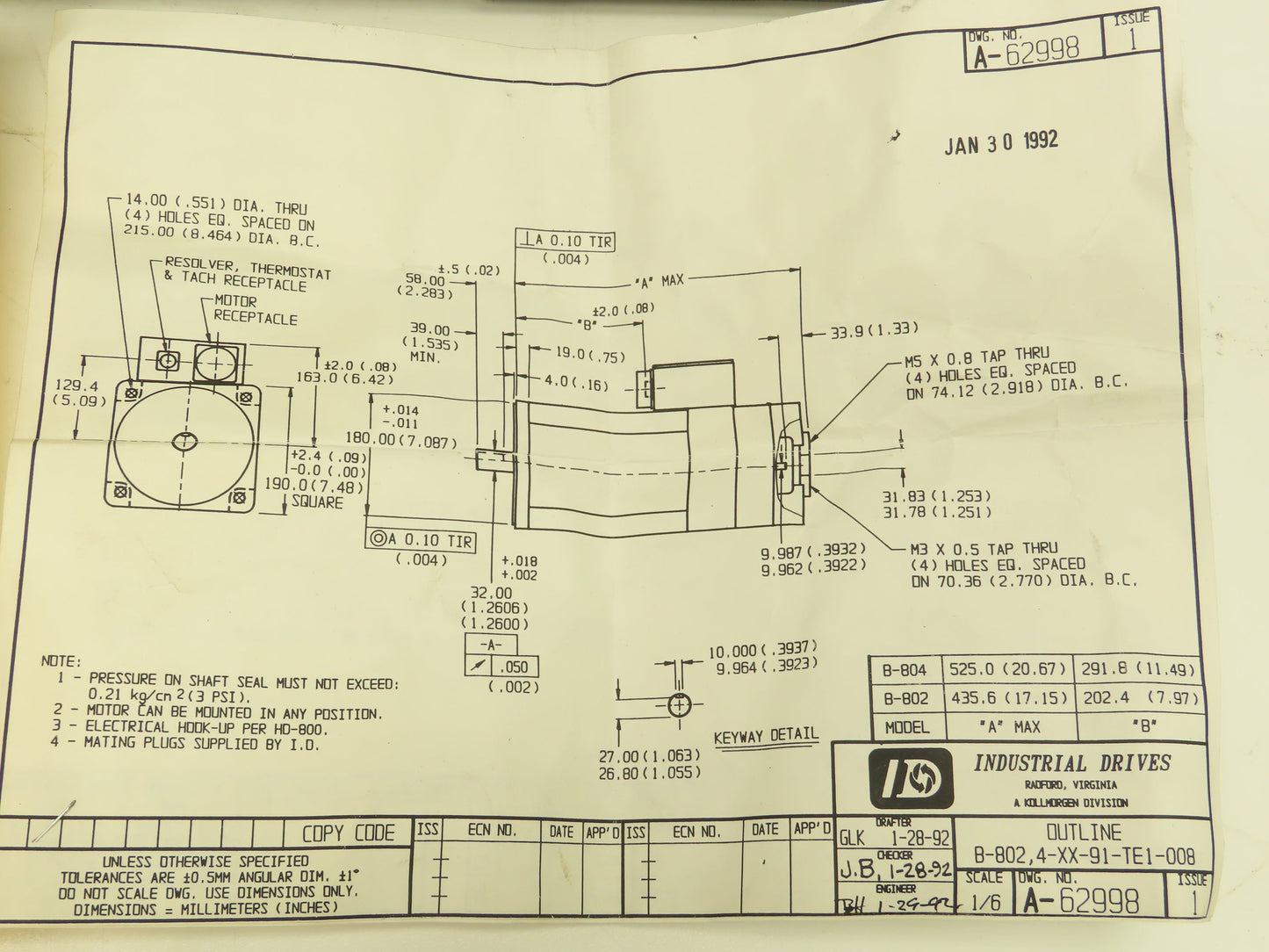 Kollmorgen B-804-AA-91-TE1-008 Goldline Brushless Servo Motor 230V 1500 RPM