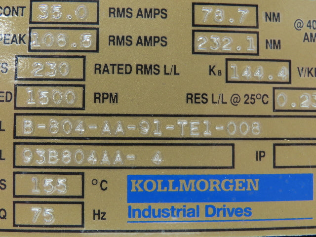 Kollmorgen B-804-AA-91-TE1-008 Goldline Brushless Servo Motor 230V 1500 RPM