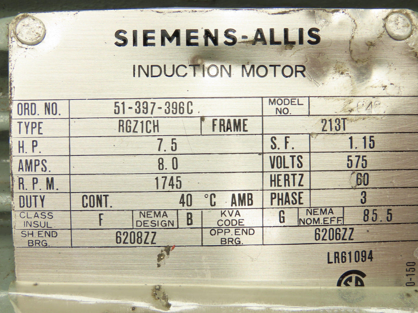 Siemens Allis RGZ1CH Electric Motor 7.5 HP 213T 1745 RPM 575V Only 3Ph