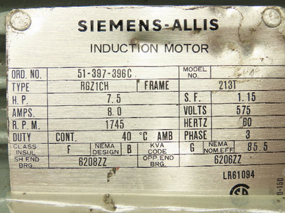 Siemens Allis RGZ1CH Electric Motor 7.5 HP 213T 1745 RPM 575V Only 3Ph