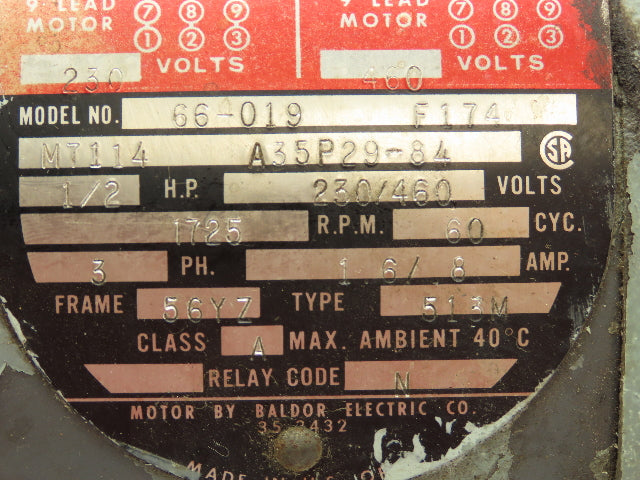 Baldor Electric Motor 1/2 Hp 1725 RPM 3 Ph 230/460V 56YZ 5/8" Shaft