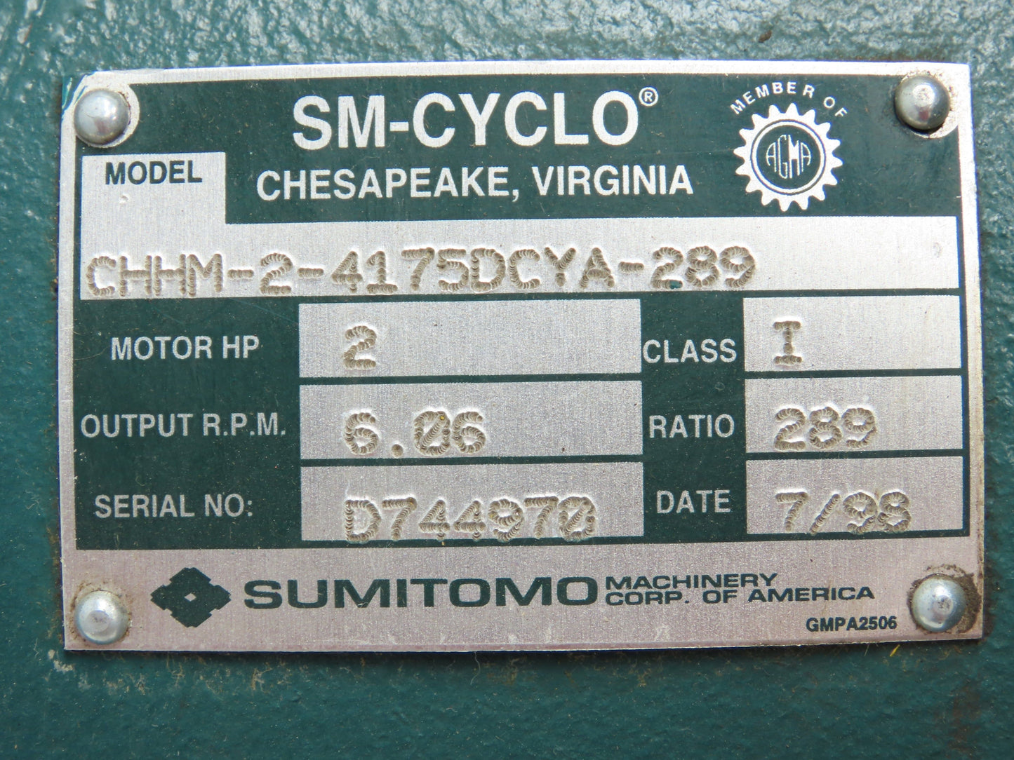 Sumitomo CHHM-2-4175DCYA-289 SM-CYCLO Gearmotor Inline Reducer 289:1 Ratio 2HP