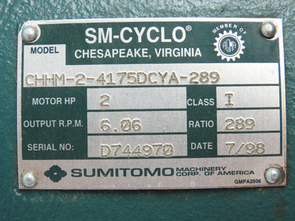 Sumitomo CHHM-2-4175DCYA-289 SM-CYCLO Gearmotor Inline Reducer 289:1 Ratio 2HP