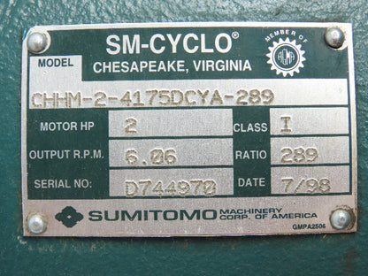 Sumitomo CHHM-2-4175DCYA-289 SM-CYCLO Gearmotor Inline Reducer 289:1 Ratio 2HP