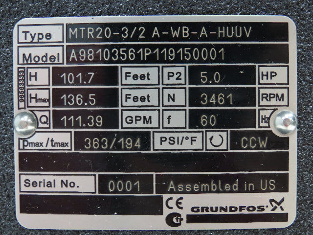 Grundfos MTR20-3/2 A-WB-A-HUUV Vertical Immersion Coolant Pump 2" NPT  -No Motor
