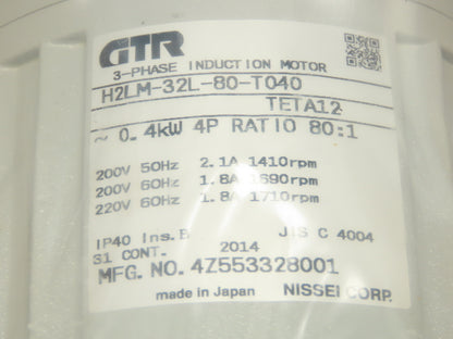 Nissei GTR H2LM-32L-80-T040 Gearmotor 3Ph 1/2 Hp 0.4 kw 220V 80:1 Ratio 21.3 RPM