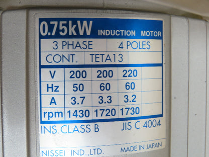 Nissei GTR G3LB-40-160-075 Gearmotor 160:1 0.75kw 220V 3 Ph 10.8 RPM DC Brake