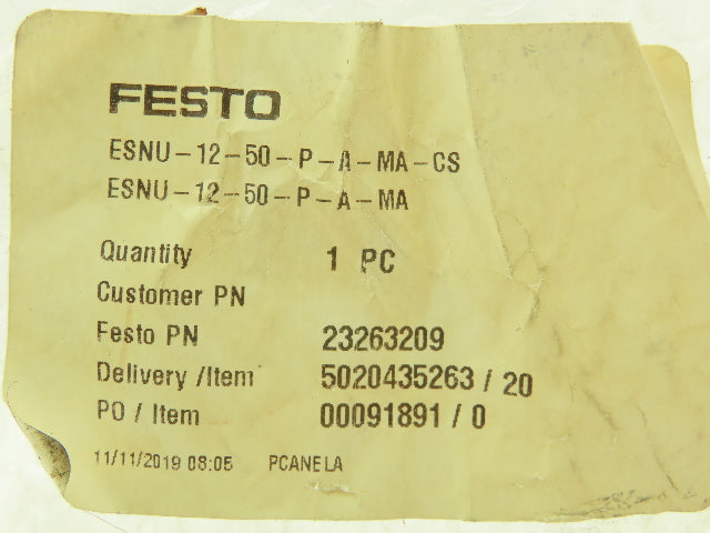 Festo ESNU-12-50-P-A-MA Pneumatic Round Air Cylinder Spring Return 12mm x 50mm